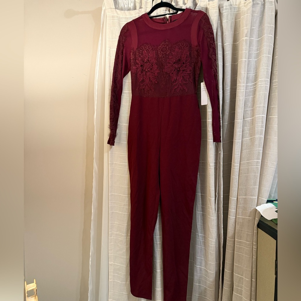 IRIS Women Lace Floral Embroidery Pants Jumpsuit Long Sleeves Size M
